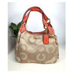 Coach F21920 Op Art Dotted Signature Tan Madison Maggie Purse Coral Leather